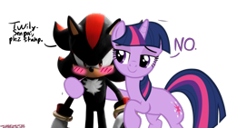 Size: 1366x768 | Tagged: safe, twilight sparkle, pony, 1000 years in photoshop, blushing, crack shipping, crossover, crossover shipping, dialogue, don't take it seriously, female, i hate my life, male, shadow the hedgehog, shadtwi, shipping, simple background, sonic the hedgehog (series), straight, transparent background, wat, why
