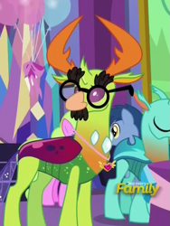 Size: 489x649 | Tagged: safe, screencap, blues, cornicle, daisy, flower wishes, noteworthy, thorax, changedling, changeling, celestial advice, discovery family logo, equestrian pink heart of courage, groucho mask, king thorax, the thoraxguise