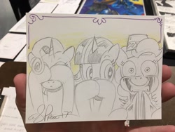 Size: 2048x1536 | Tagged: safe, artist:andypriceart, derpibooru import, pinkie pie, rarity, twilight sparkle, earth pony, pony, unicorn, andy you magnificent bastard, cymbal monkey, monochrome, three wise monkeys, traditional art