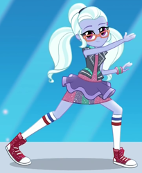 Size: 726x887 | Tagged: safe, screencap, sugarcoat, dance magic, equestria girls, spoiler:eqg specials, clothes, converse, cropped, female, glasses, happy, looking at you, raised leg, shoes, skirt, smiling, sneakers, socks, solo, tutu, wristband