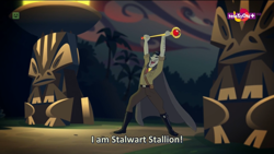 Size: 1366x768 | Tagged: safe, screencap, equestria girls, movie magic, spoiler:eqg specials, male, scepter, solo, stalwart stallion, statue, subtitles, teletoon, totem