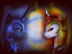 Size: 2048x1536 | Tagged: safe, artist:0bsydia, daybreaker, nightmare moon, alicorn, pony, a royal problem, duo, looking at each other, royal sisters, smiling