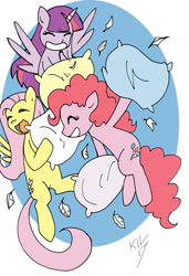 Size: 1024x1499 | Tagged: safe, artist:koku-chan, derpibooru import, fluttershy, pinkie pie, twilight sparkle, twilight sparkle (alicorn), alicorn, earth pony, pegasus, pony, eyes closed, feather, laughing, pillow, pillow fight