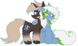 Size: 1024x611 | Tagged: safe, artist:vanillaswirl6, oc, oc only, oc:dream contour, oc:petal dancer, earth pony, pony, unicorn, bedroom eyes, blushing, cheek fluff, chest fluff, chibi, colored eyelashes, commission, cute little fangs, cutie mark, duo, ear fluff, fangs, female, fluffy, male, no pupils, open mouth, scrunchy face, shoulder fluff, sitting, standing, straight, tongue out, unshorn fetlocks