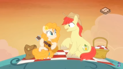 Size: 910x512 | Tagged: safe, screencap, bright mac, pear butter, pony, the perfect pear, brightbutter, cowboy hat, female, guitar, hat, male, picnic, shipping, stetson, straight