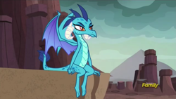 Size: 1917x1080 | Tagged: safe, screencap, princess ember, dragon, celestial advice, discovery family logo, frown, sitting, solo