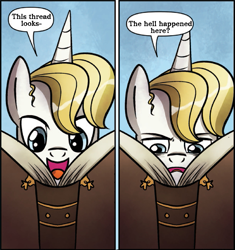 Size: 855x910 | Tagged: safe, edit, idw, prince blueblood, pony, unicorn, spoiler:comic, spoiler:comicdeviations, book, exploitable meme, male, meme, reaction image, solo, stallion, vulgar, what the fuck am i reading, what's going on in this thread