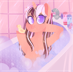 Size: 2128x2096 | Tagged: safe, artist:queennutti, oc, oc only, pony, unicorn, bath, bathtub, bubble bath, female, looking at you, rubber duck, ych result