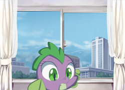 Size: 6202x4430 | Tagged: safe, artist:chiptunebrony, barb, spike, dragon, absurd resolution, anime, city, curtains, fake screencap, looking down, room, rule 63, scenery, skyscraper