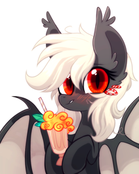 Size: 1788x2236 | Tagged: safe, artist:mirtash, oc, oc only, oc:dusty fang, bat pony, pony, blushing, cute, food, lip bite, mango, rcf community, simple background, smoothie