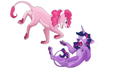 Size: 1715x975 | Tagged: safe, artist:muisstil, derpibooru import, pinkie pie, twilight sparkle, big cat, lion, claws, duo, fangs, horn, lioness, lionified, literal, open mouth, paw pads, paws, simple background, species swap, surprised, transparent background, underpaw, wide eyes