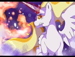 Size: 2048x1536 | Tagged: safe, artist:pon-tea, daybreaker, pony, a royal problem, fire, glowing horn, gritted teeth, missing accessory, solo