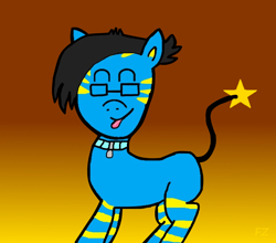 Size: 696x612 | Tagged: safe, artist:fraziro, oc, oc only, oc:cybernite, pony, bending, blue, gradient background, happy, looking at you, orange background, simple background, solo, tongue out