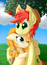 Size: 2000x2800 | Tagged: safe, artist:orangejuicerus, bright mac, pear butter, pony, the perfect pear, brightbutter, cowboy hat, cute, hat, hug, pearabetes, smiling, stetson, tree