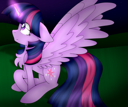 Size: 3600x3000 | Tagged: safe, artist:cosmiickatie, twilight sparkle, twilight sparkle (alicorn), alicorn, pony, chest fluff, floppy ears, glowing horn, looking away, looking up, raised hoof, sitting, solo, spread wings, wings