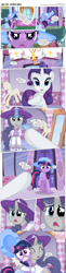 Size: 3300x13555 | Tagged: safe, artist:perfectblue97, derpibooru import, rarity, twilight sparkle, oc, oc:silver jubilee, earth pony, pony, unicorn, comic:without magic, absurd resolution, blank flank, carousel boutique, clothes, comic, cup, doorbell, earth pony twilight, mirror, teacup