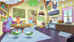 Size: 1920x1090 | Tagged: safe, screencap, bow hothoof, scootaloo, windy whistles, pegasus, pony, parental glideance, eyes closed, female, filly, foal, food, kitchen, male, mare, nose in the air, pasta and potato sandwich on sourdough, rainbow dash's parents, sandwich, stallion, trio, volumetric mouth, windyhoof