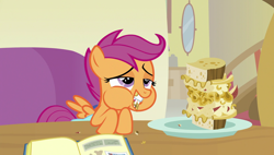 Size: 1920x1090 | Tagged: safe, screencap, scootaloo, pony, parental glideance, aweeg*, bedroom eyes, eating, food, pasta and potato sandwich on sourdough, puffy cheeks, sandwich, solo