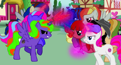 Size: 1024x552 | Tagged: safe, oc, oc only, oc:painset killergorecakes, pony, pony creator, applepills, brutalight sparcake, elements of insanity, fluttershout, magic, magic mare, painset shimmercakes, pinkis cupcake, rainbine, rarifruit, smoke, sword, too much ponycreator, weapon