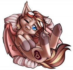 Size: 2046x1937 | Tagged: safe, artist:gicme, oc, oc only, oc:cogwheel, bat pony, pony, built in socks, cute, goggles, one eye closed, pillow, simple background, solo, tongue out, torn wing, underhoof, wink