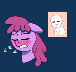 Size: 663x623 | Tagged: safe, artist:feralroku, derpibooru exclusive, berry punch, berryshine, earth pony, pony, blue background, blushing, bust, drool, drunk, expression, eyes closed, floppy ears, open mouth, portrait, simple background, sleeping, solo, zzz