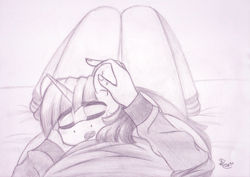 Size: 2333x1650 | Tagged: safe, artist:spirit-dude, twilight sparkle, human, pony, cute, drool, ear scratch, eyes closed, female, grayscale, holding a pony, mare, monochrome, offscreen character, on back, open mouth, pov, prone, sleeping, traditional art, twiabetes