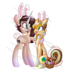 Size: 2593x2754 | Tagged: safe, artist:umiimou, oc, oc only, earth pony, pony, unicorn, basket, bunny ears, easter, easter basket, easter egg, female, high res, mare, simple background, sitting, transparent background