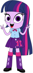 Size: 1024x2256 | Tagged: safe, artist:ra1nb0wk1tty, twilight sparkle, equestria girls, bowtie, clothes, cute, female, leg warmers, looking at you, open mouth, peace sign, pleated skirt, shoes, simple background, skirt, solo, transparent background