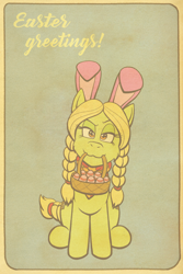 Size: 1200x1800 | Tagged: safe, artist:regularmouseboy, granny smith, basket, braid, bunny ears, clothes, cutie mark, easter, easter egg, female, looking at you, retro, scarf, simple background, sitting, solo, vintage, young granny smith