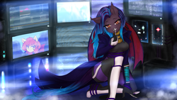 Size: 2345x1322 | Tagged: safe, artist:wildpaper, oc, oc only, oc:dawn sentry, oc:firetale, anthro, bat pony, clothes, cyberpunk, female, gloves, hacker, looking at you, monitor, shhh, smiling, solo