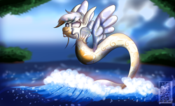 Size: 2800x1700 | Tagged: safe, artist:elmutanto, oc, oc only, oc:shayga, original species, closed species, male, river, river pony, solo, water, wave