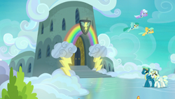 Size: 1920x1090 | Tagged: safe, screencap, cloudchaser, sky stinger, spring melody, sprinkle medley, sunshower raindrops, vapor trail, pony, parental glideance, clothes, goggles, uniform, wonderbolt trainee uniform