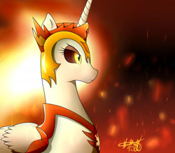 Size: 2267x1984 | Tagged: safe, artist:ollofkyser, daybreaker, alicorn, pony, a royal problem, bust, fire, portrait, side view, simple background