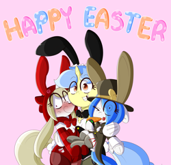 Size: 6500x6300 | Tagged: safe, artist:fullmetalpikmin, oc, oc only, oc:cherry blossom, oc:mal, oc:viewing pleasure, earth pony, pony, unicorn, absurd resolution, blushing, bunny ears, bunny tail, carrot, clothes, easter, female, food, hat, hood, mare, pink background, simple background, socks, suit, tumblr:ask viewing pleasure