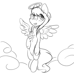 Size: 3000x3000 | Tagged: safe, artist:angelic-shield, derpibooru exclusive, oc, oc only, oc:angelic shield, pegasus, pony, blushing, cloud, cute, female, mare, monochrome, simple background, sketch, smiling, solo