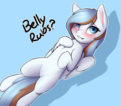 Size: 2400x2100 | Tagged: safe, artist:captainpudgemuffin, oc, oc only, oc:waffles, pegasus, pony, bellyrub request, bellyrubs, blushing, bronybait, captainpudgemuffin is trying to murder us, cute, female, looking at you, mare, ocbetes, on back, smiling, solo, wings