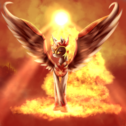 Size: 1600x1600 | Tagged: safe, artist:quefortia, daybreaker, alicorn, pony, a royal problem, backlighting, crepuscular rays, female, fire, helmet, mare, smiling, solo, spread wings, sun, wings