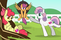 Size: 7600x5067 | Tagged: safe, artist:skyflys, apple bloom, scootaloo, sweetie belle, absurd resolution, adorabloom, colored pupils, cute, cutealoo, cutie mark, cutie mark crusaders, diasweetes, farm, the cmc's cutie marks, tire swing, tree