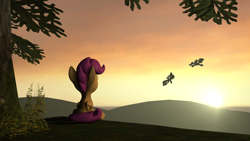 Size: 1920x1080 | Tagged: safe, artist:litterpaws, cloudchaser, flitter, scootaloo, pony, 3d, feels, sad, scootaloo can't fly, source filmmaker, sunset