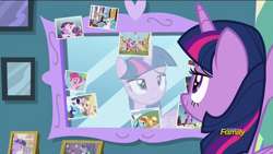 Size: 1920x1080 | Tagged: safe, screencap, twilight sparkle, twilight sparkle (alicorn), alicorn, pony, celestial advice, discovery family logo, mirror, picture, reflection, smiling, solo