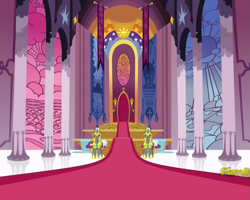 Size: 953x763 | Tagged: safe, screencap, pony, celestial advice, discovery family logo, royal guard, stained glass, throne room