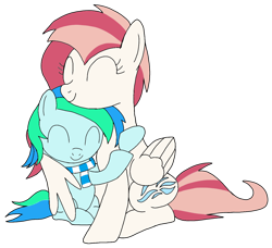 Size: 1360x1240 | Tagged: safe, alternate version, artist:toyminator900, derpibooru exclusive, oc, oc only, oc:aureai, oc:cyan lightning, pegasus, pony, unicorn, clothes, colt, duo, female, hug, male, scarf, simple background, transparent background, winghug