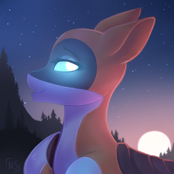 Size: 2000x2000 | Tagged: safe, artist:nightskrill, oc, oc only, oc:kiva, original species, pony, robot, robot pony, colored pupils, commission, full moon, glowing eyes, moon, night, pine tree, silhouette, smiling, solo, tree