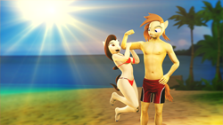 Size: 3840x2160 | Tagged: safe, artist:willitfit, oc, oc only, oc:cookie dough, oc:fleet wing, anthro, plantigrade anthro, 3d, barefoot, beach, clothes, feet, fleetdough, partial nudity, source filmmaker, sunflare, sunny, swimsuit, topless, trunks