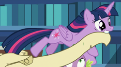 Size: 1081x597 | Tagged: safe, screencap, spike, twilight sparkle, twilight sparkle (alicorn), alicorn, dragon, pony, celestial advice, cropped, female, folded wings, happy, jumping, looking up, male, mare, mouth hold, scroll, smiling