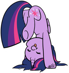 Size: 2695x2827 | Tagged: safe, artist:befishproductions, twilight sparkle, twilight sparkle (alicorn), alicorn, pony, :p, cute, eyes closed, high res, signature, silly, silly pony, simple background, solo, tongue out, transparent background, twiabetes, underhoof, upside down