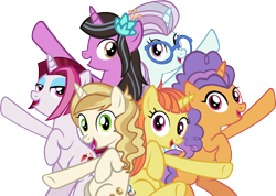 Size: 5265x3759 | Tagged: safe, artist:ironm17, cayenne, citrus blush, north point, pretzel twist, sweet biscuit, pony, unicorn, absurd resolution, alternate mane six, background pony, best friends until the end of time, female, group, happy, hooves up, lily love, looking at you, mare, simple background, singing, smiling, teeth, transparent background, vector