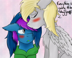 Size: 4251x3401 | Tagged: safe, artist:r0xyr0x, oc, oc only, oc:graffie, oc:warm heart, pegasus, pony, absurd resolution, blushing, clothes, cute, eyes closed, female, hoodie, kissing, lesbian, mare, piercing