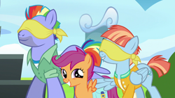 Size: 1280x720 | Tagged: safe, screencap, bow hothoof, scootaloo, windy whistles, pony, parental glideance, blindfold, rainbow dash's parents