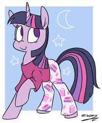 Size: 514x618 | Tagged: dead source, safe, artist:espeonna, twilight sparkle, pony, unicorn, abstract background, book, bookhorse, clothes, cute, female, mare, moon, pajamas, raised hoof, raised leg, signature, smiling, solo, stars, twiabetes